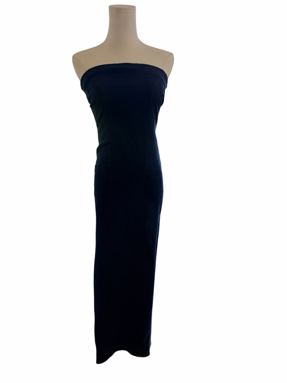 Zara Denim Strapless Column Maxi Dress Raw Hem Dark Wash Minimalist XS/S
